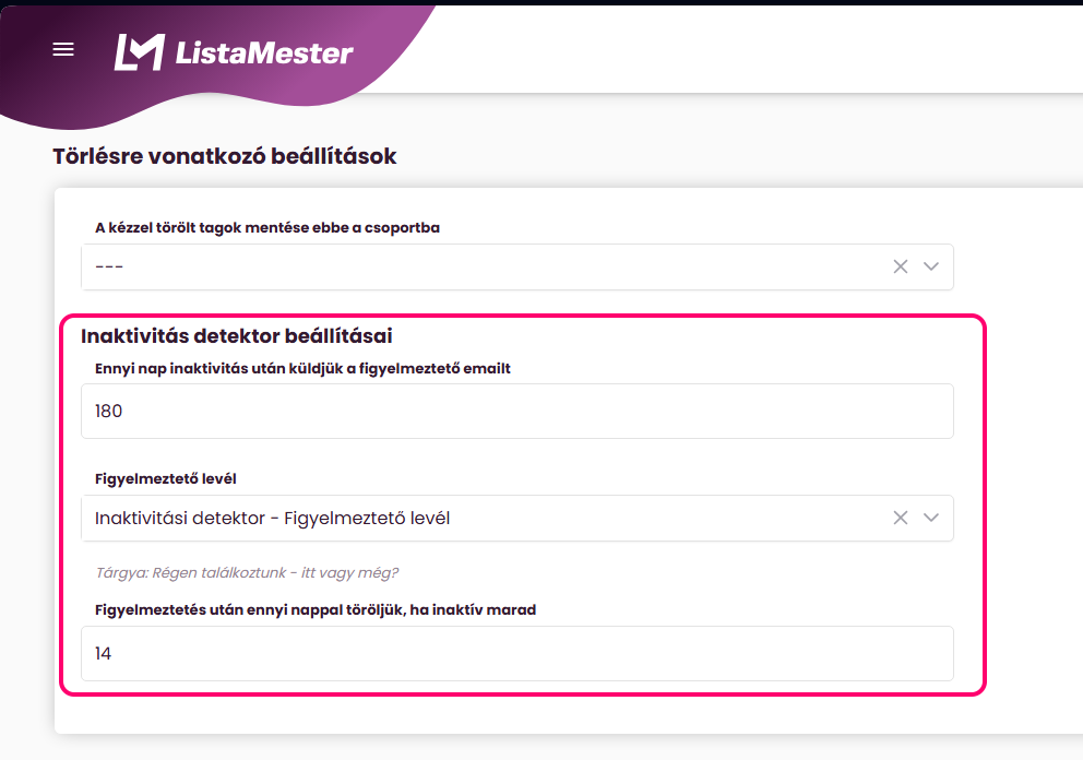 ListaMester - Útmutató - Inaktivitás detektor - Beállítások
