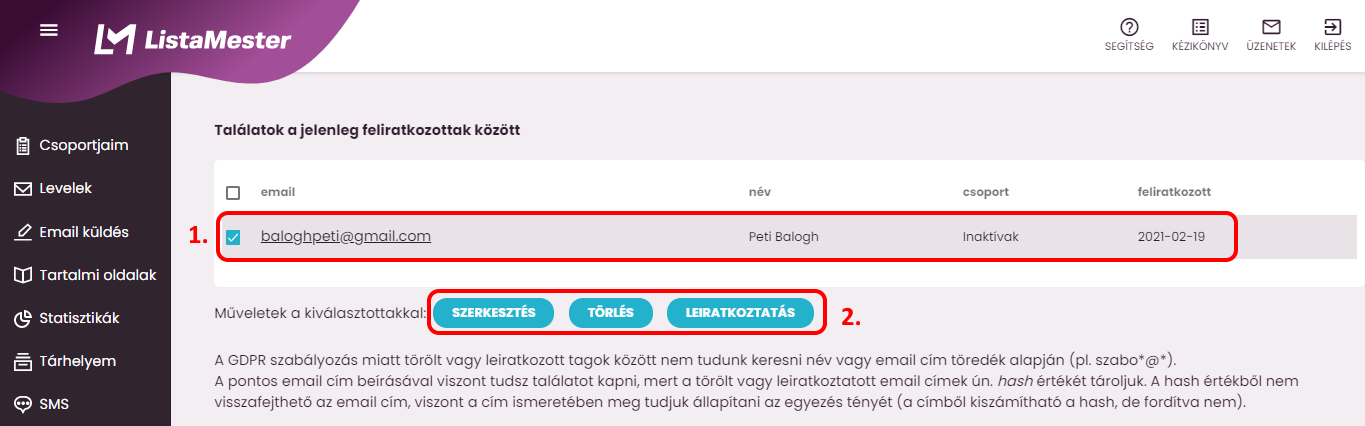 Listamester - Kézikönyv - csoportjaim- tag e-mail cím keresése- kilistázás