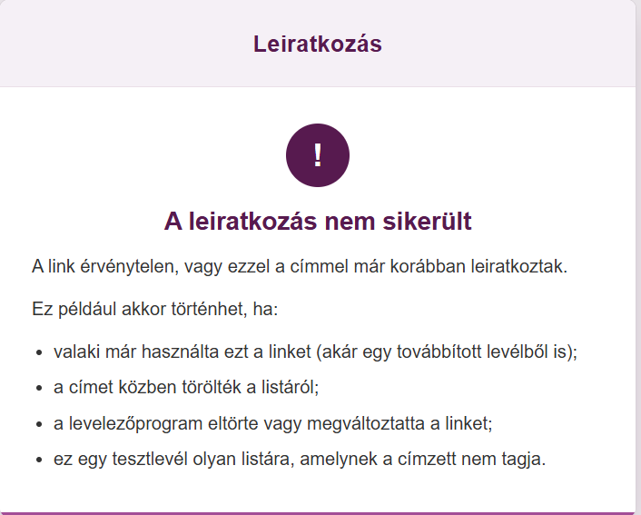 Listamester - kézikönyv - Űrlapok - Sikertelen leiratkozás