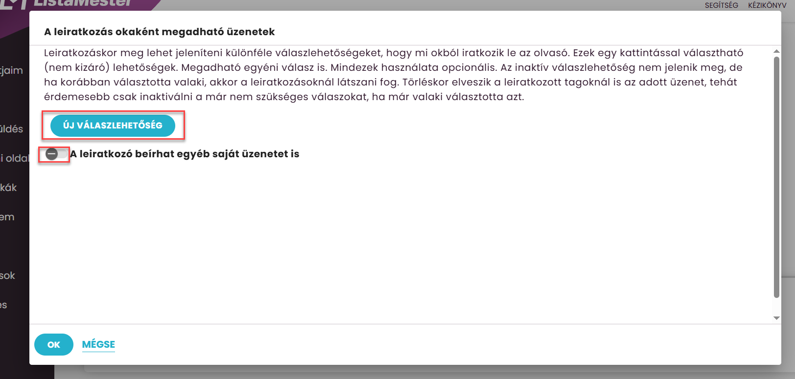 Listamester - kézikönyv - Űrlapok - Leiratkozás okai
