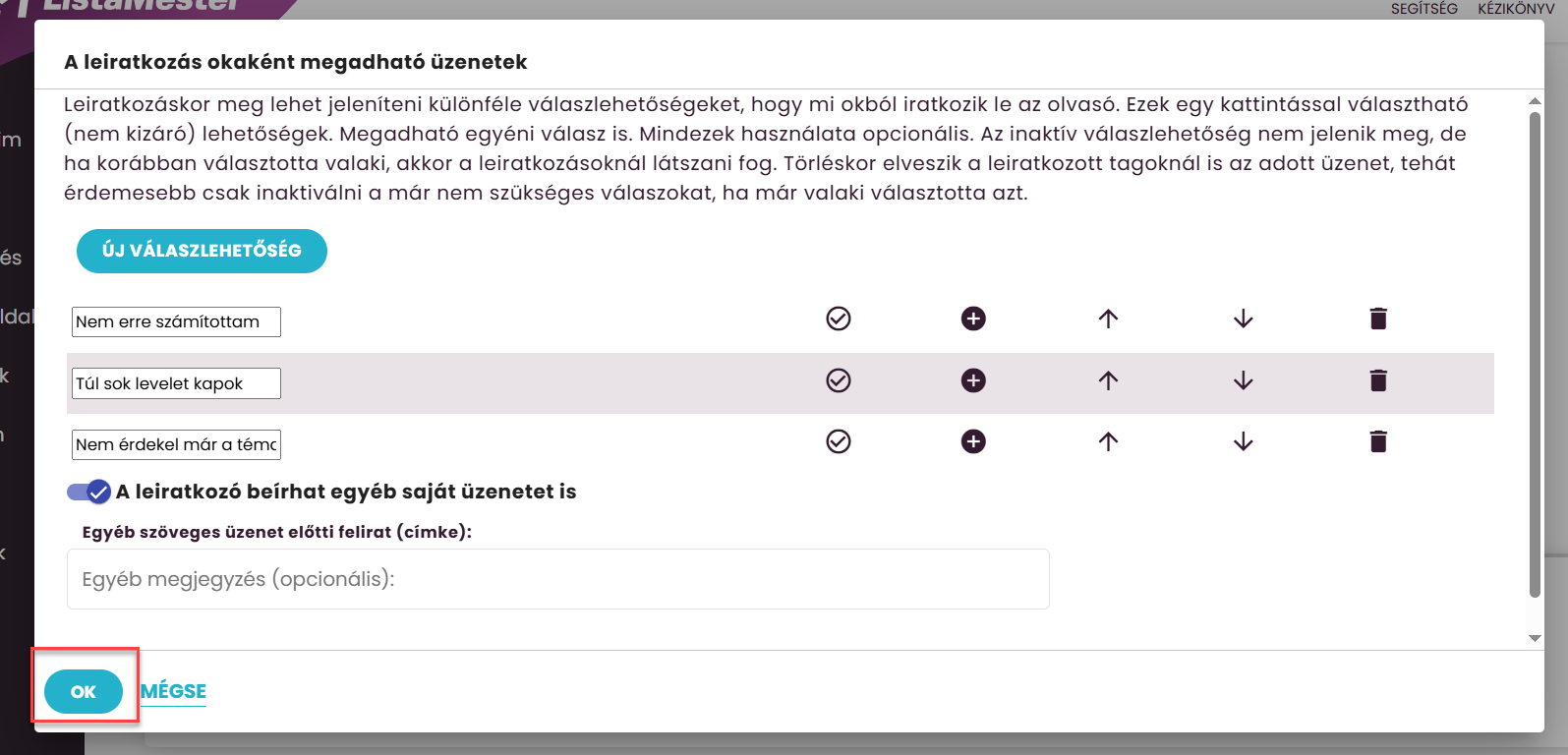 Listamester - kézikönyv - Űrlapok - Leiratkozás okai