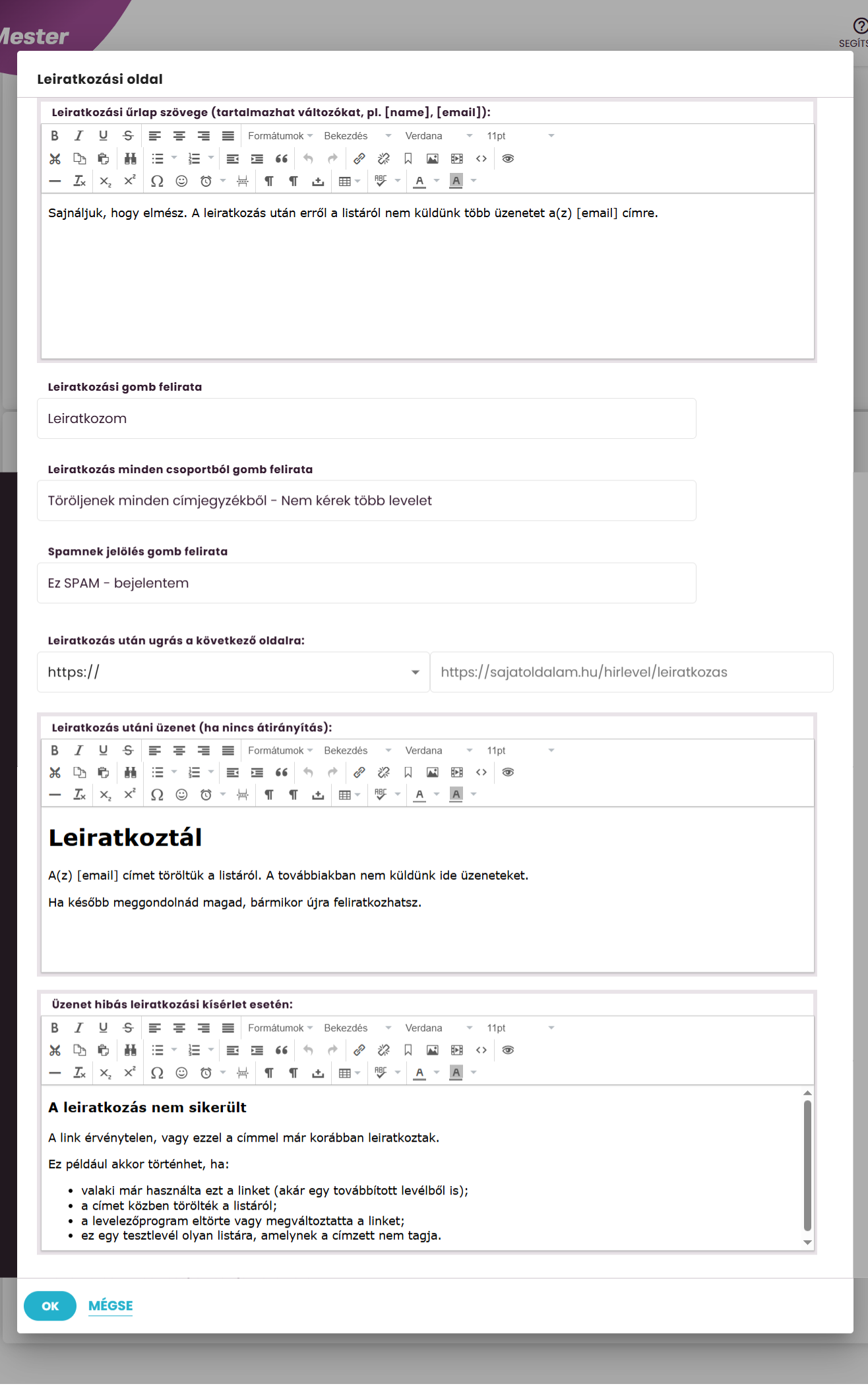 Listamester - kézikönyv - Űrlapok - Leiratkozás utáni üzenet