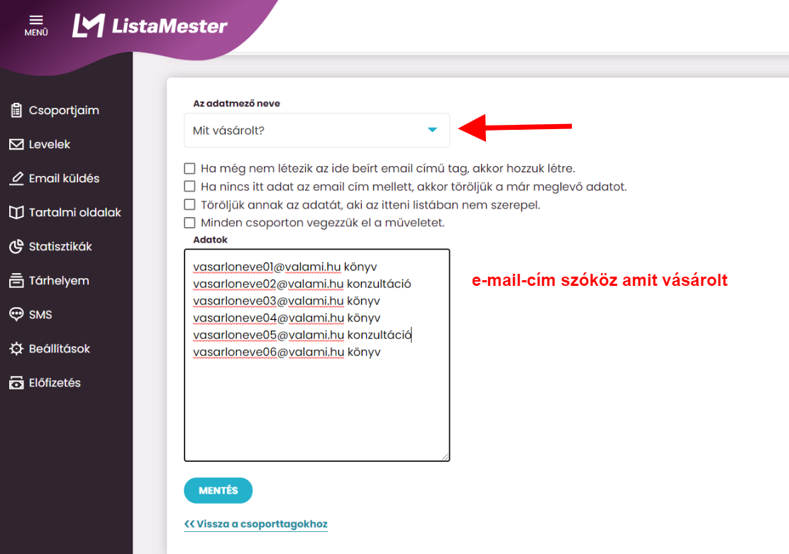 Adatok tömeges bevitele - lista feltöltése a szövegdobozba