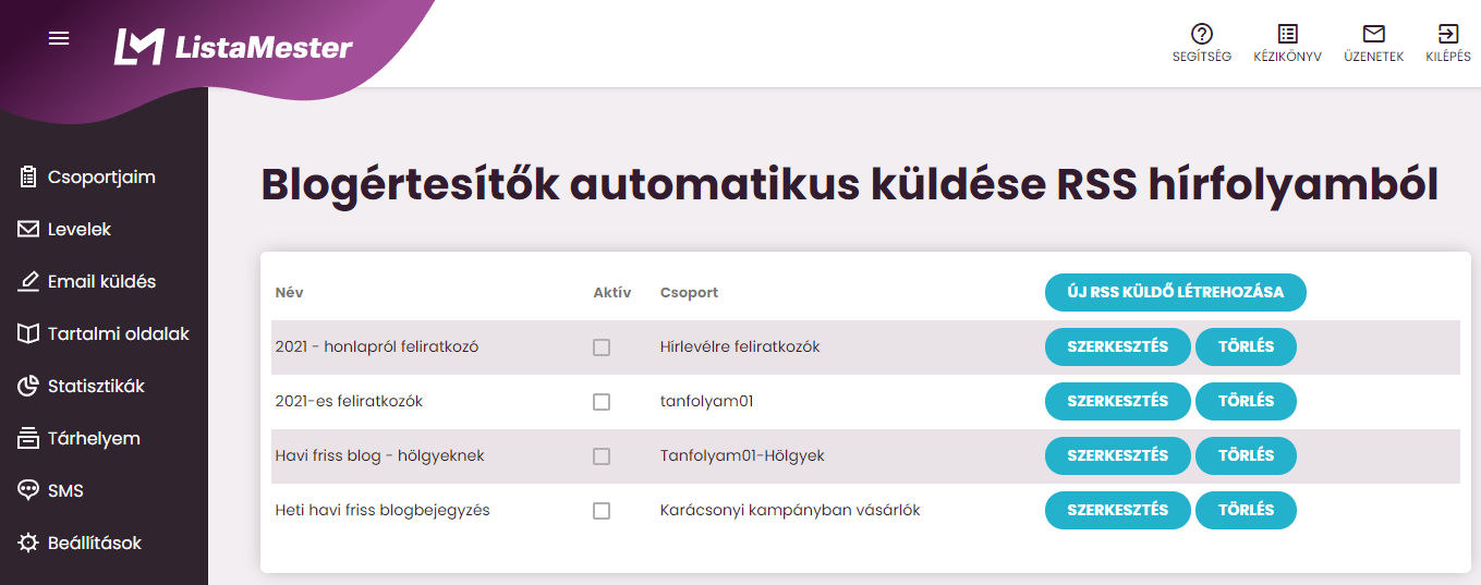 Listamester-Kézikönyv-email küldés - rss lista