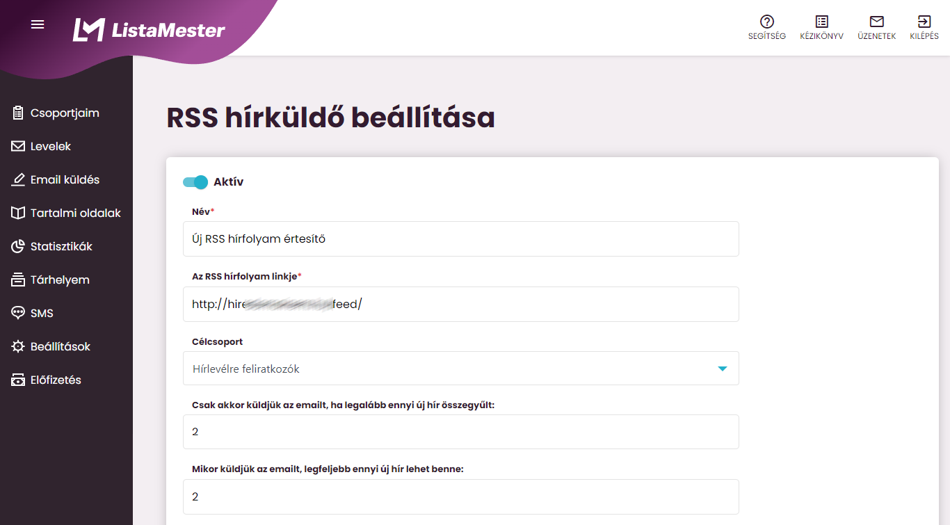 Listamester-Kézikönyv-email küldés - rss beállítása 01
