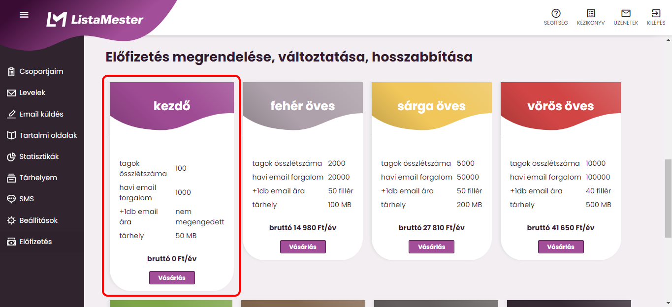 ListaMester hírlevélküldő ingyenes, kezdő csomagjának paraméterei