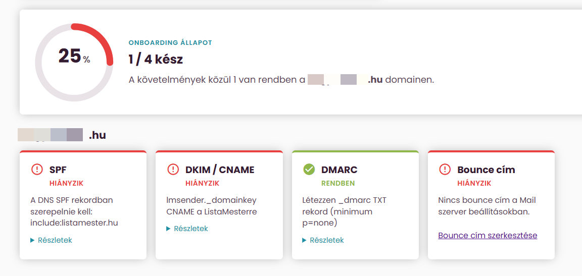ListaMester - Útmutató - Kézbesítési megfelelőség - Kiküldő domain hiányos
