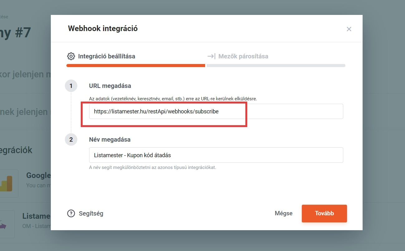 Optimonk - Listamester összekapcsolás - Webhook 2. - Név és URL megadás