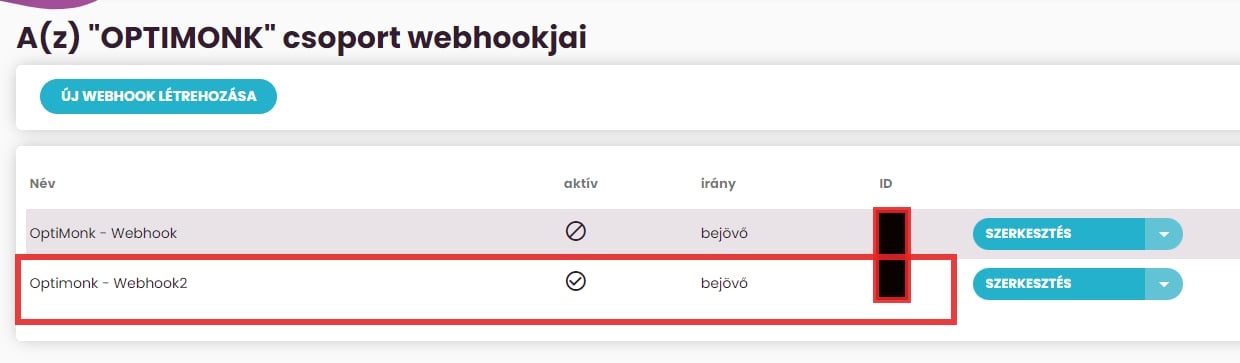 Listamester - Útmutatók - Integrációk - OptiMonk - Webhookok menüpont