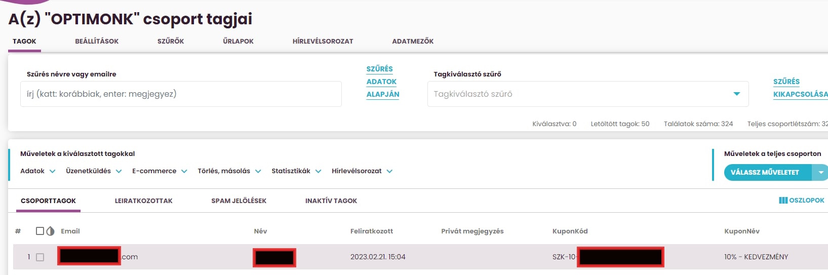 Listamester - Útmutatók - Integrációk - OptiMonk - Tagok listája összekötés után