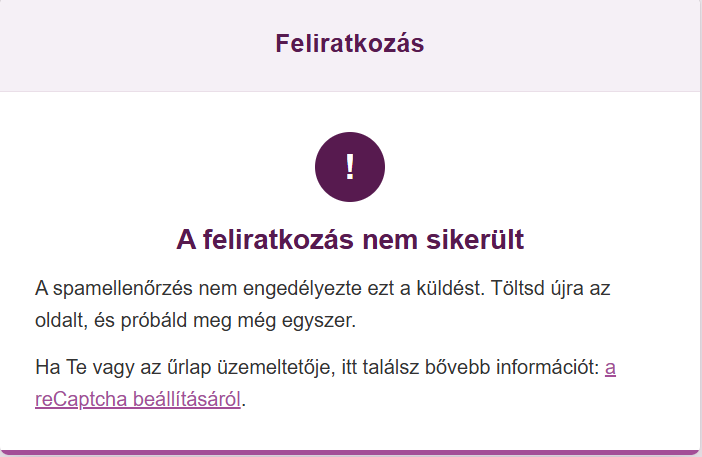 Listamester - Kézikönyv - Csoportjaim - Beállítások - Feliratkozás sikertelen recaptcha