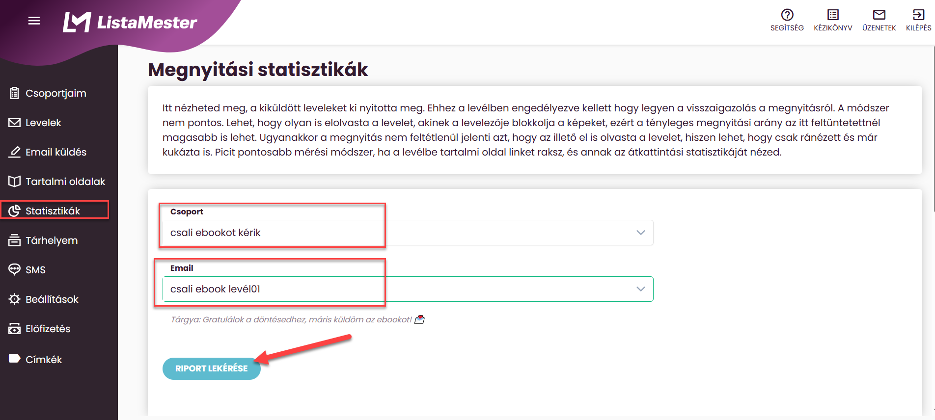 ListaMester - Útmutató - Statisztika - Megnyitási adatok
