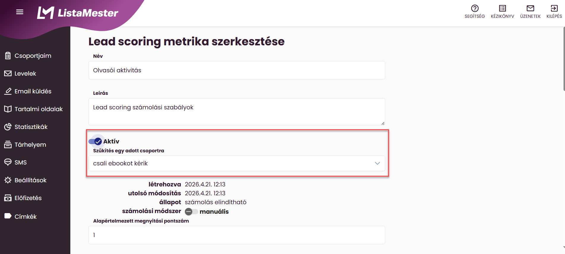 ListaMester - Útmutató - Lead scoring metrika