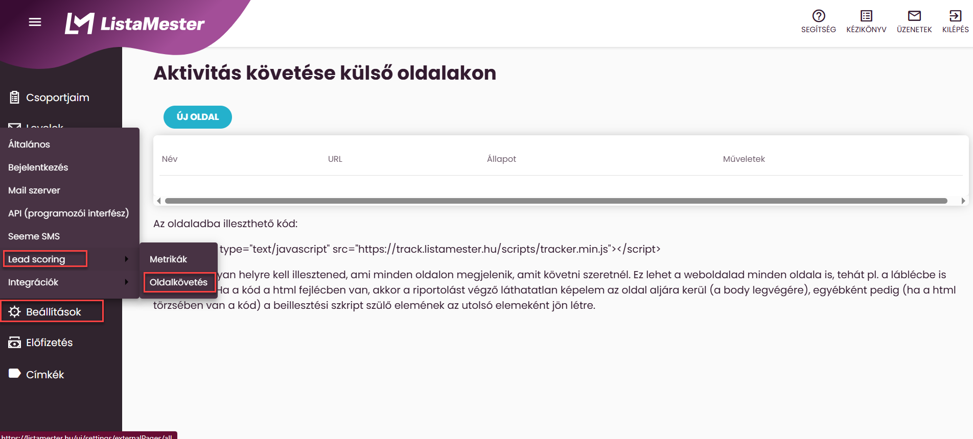 ListaMester - Útmutató – Szűrők - Oldalkövetés