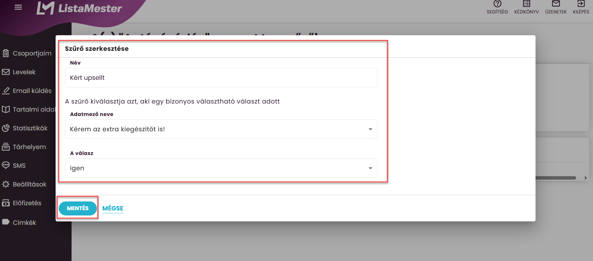 ListaMester - Útmutató - Upsell - Szűrő - igen