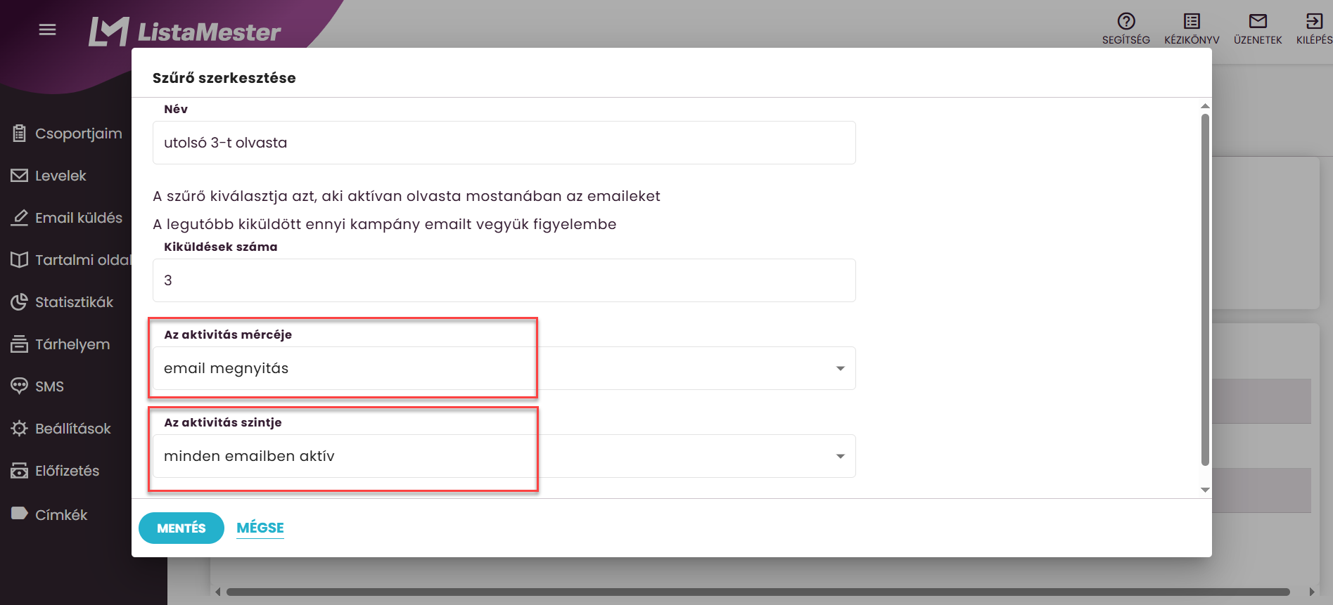 Listamester - kézikönyv - csoporttagok - szűrő létrehozása-aktívan olvasta mostanában az emaileket