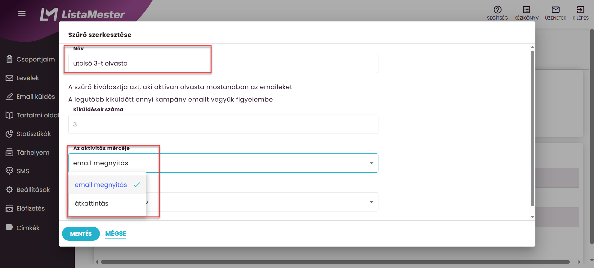 Listamester - kézikönyv - csoporttagok - szűrő létrehozása-aktívan olvasta mostanában az emaileket