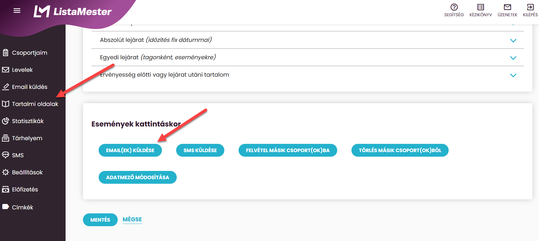 ListaMester - Útmutató - Tartalmi oldalak