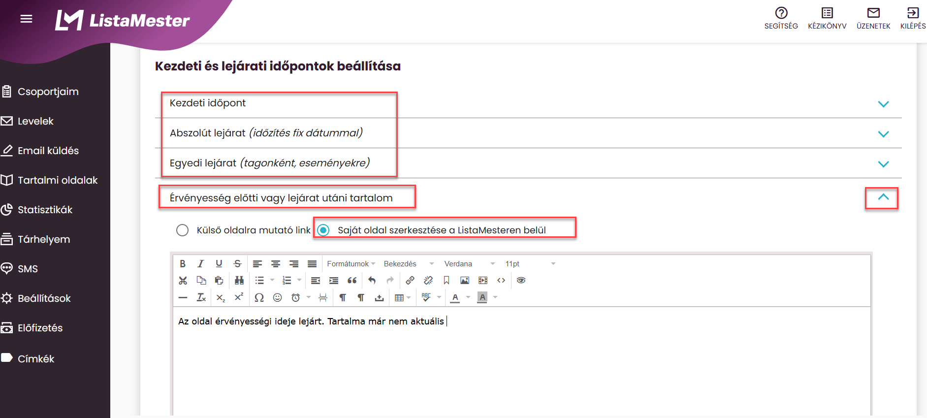 Listamester - Kézikönyv - Tartalmi oldal - Lejárat utáni weboldal