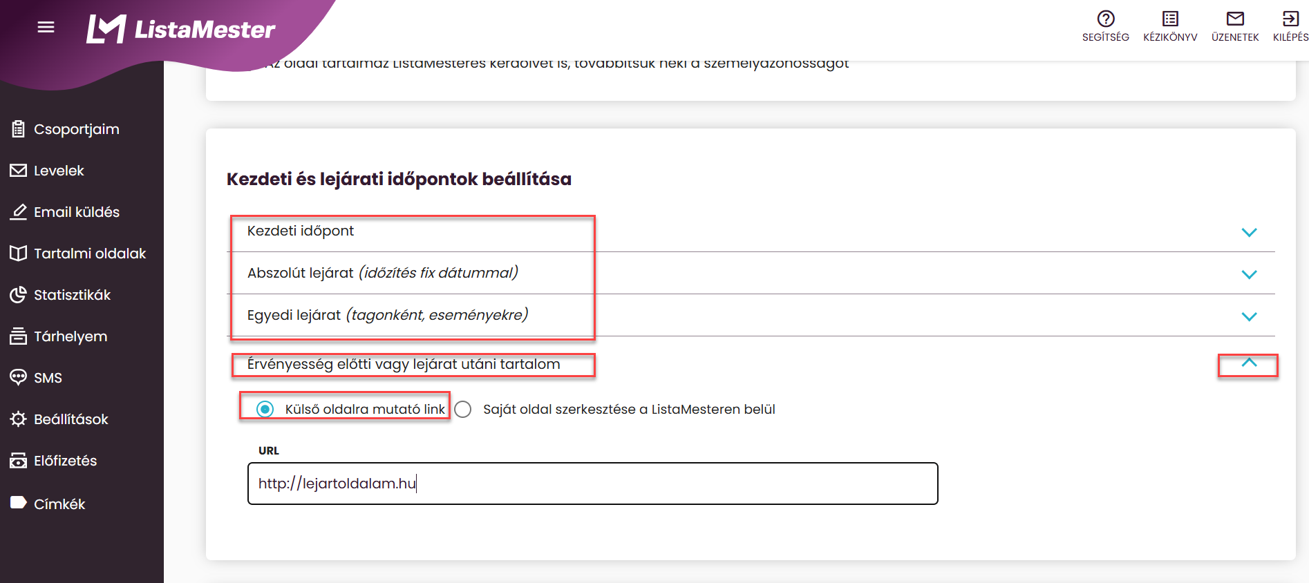 Listamester - Kézikönyv - Tartalmi oldal - Lejárat utáni weboldal