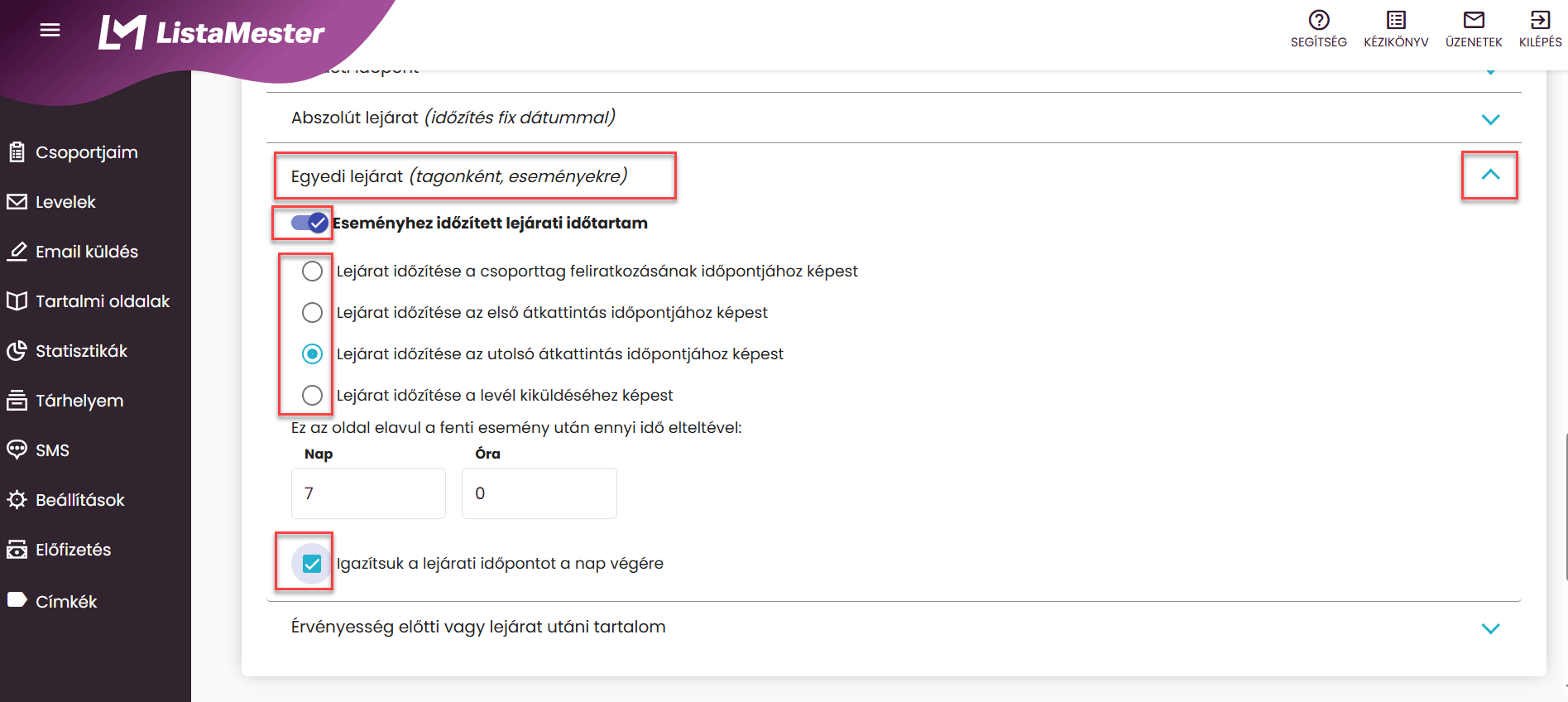 Listamester - Kézikönyv - Tartalmi oldal lejárata dátumhoz rögzítve