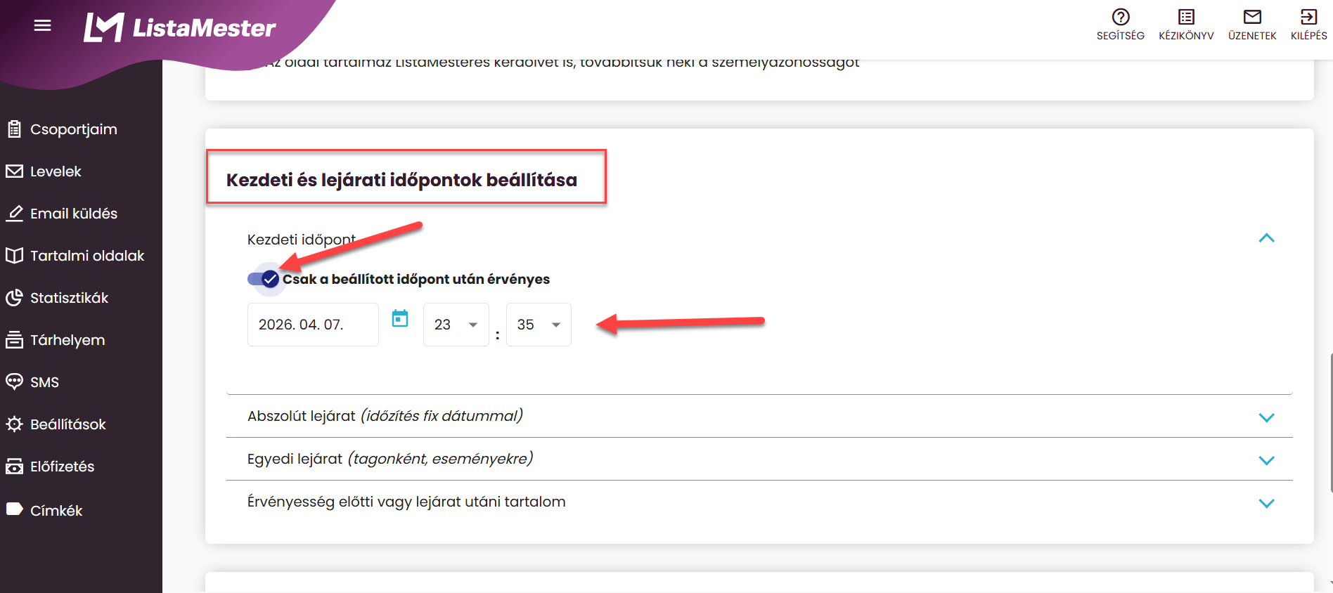 ListaMester - Útmutató - Tartalmi oldalak