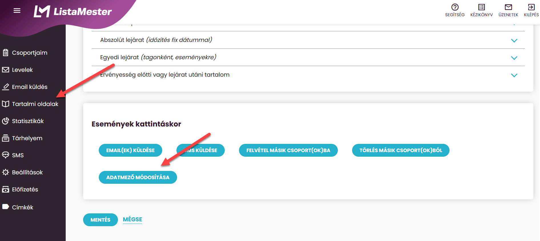 ListaMester - Útmutató - Tartalmi oldalak