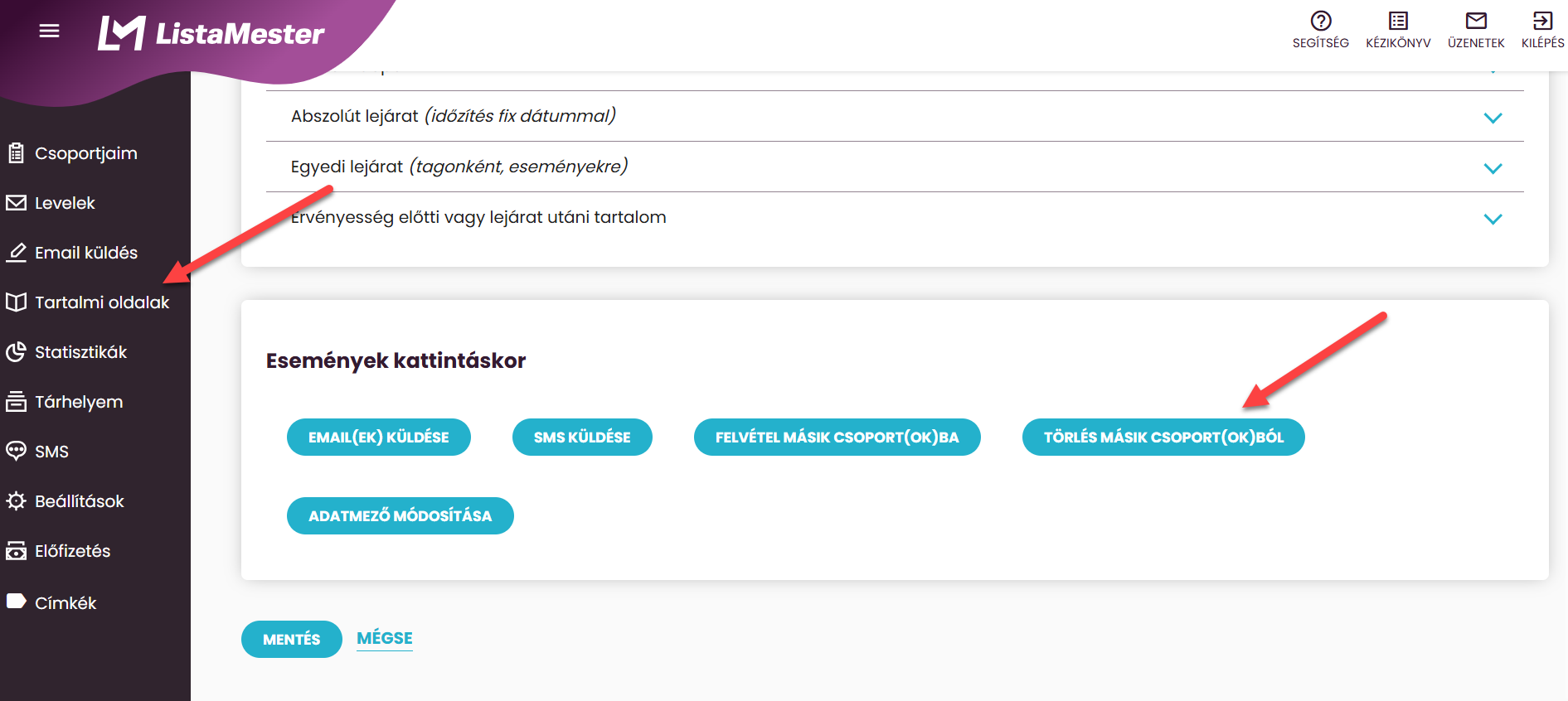 ListaMester - Útmutató - Tartalmi oldalak