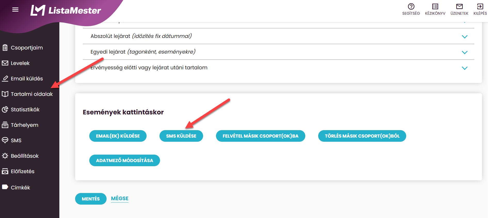 ListaMester - Útmutató - Tartalmi oldalak