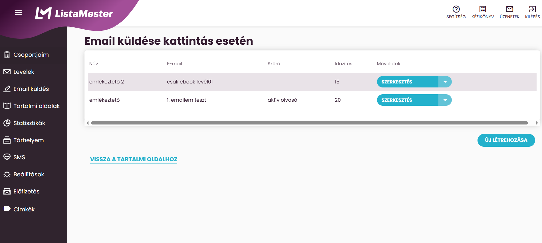 ListaMester - Útmutató - Tartalmi oldalak