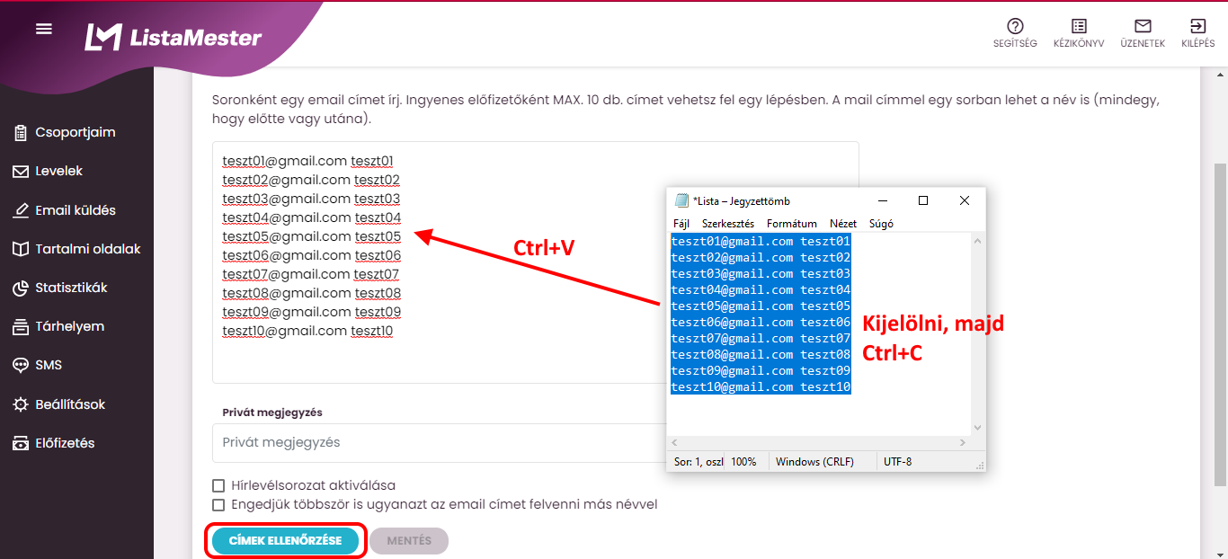 Listamester - Kézikönyv - csoporttagok- Txt file-ból való áthelyezés