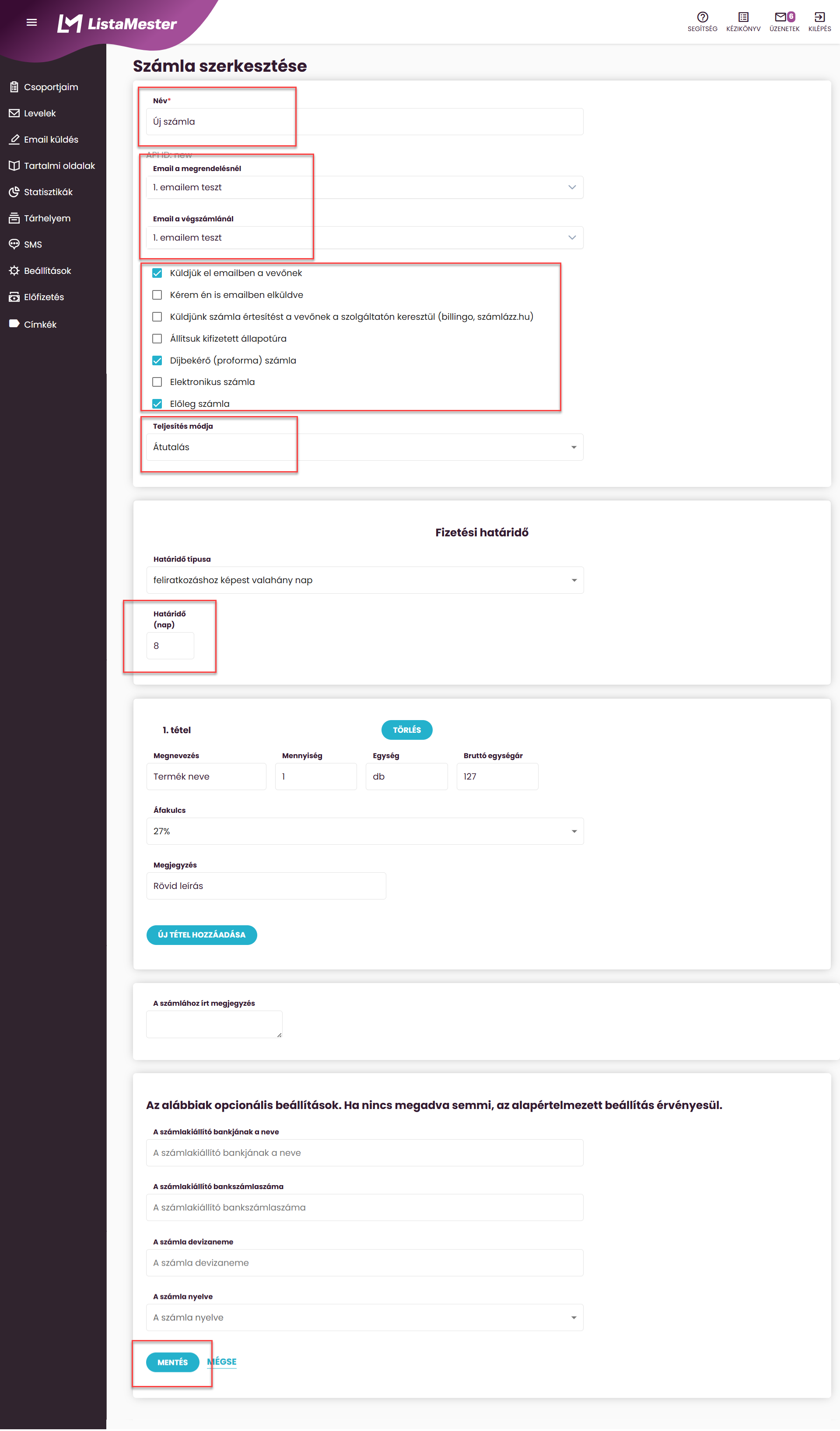ListaMester - Útmutató - Számla küldése