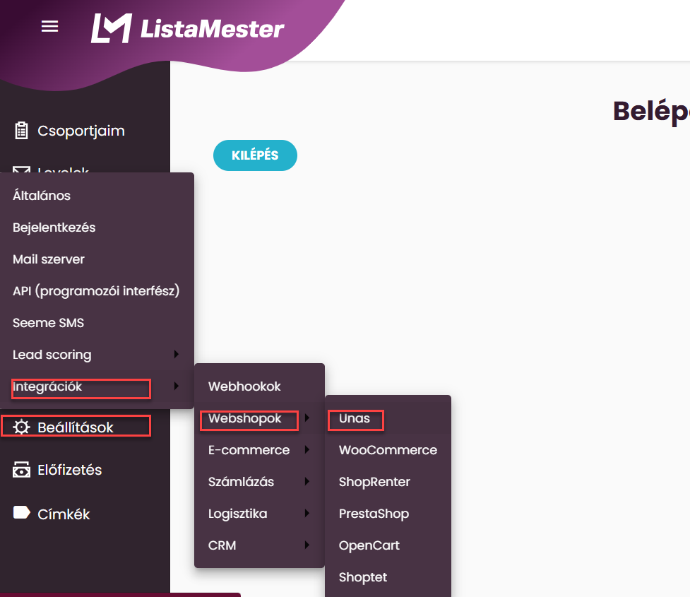 ListaMester - Útmutató - UNAS - beállítások