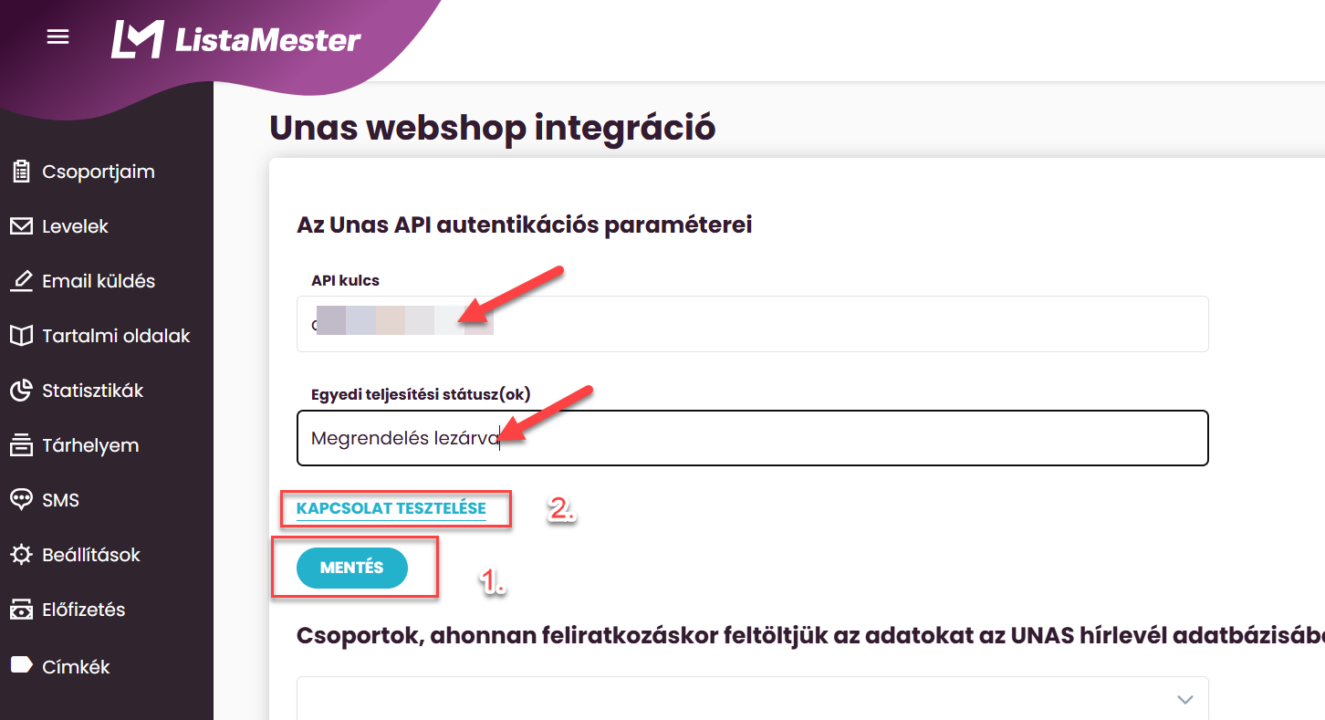 ListaMester - Útmutató - UNAS - integráció