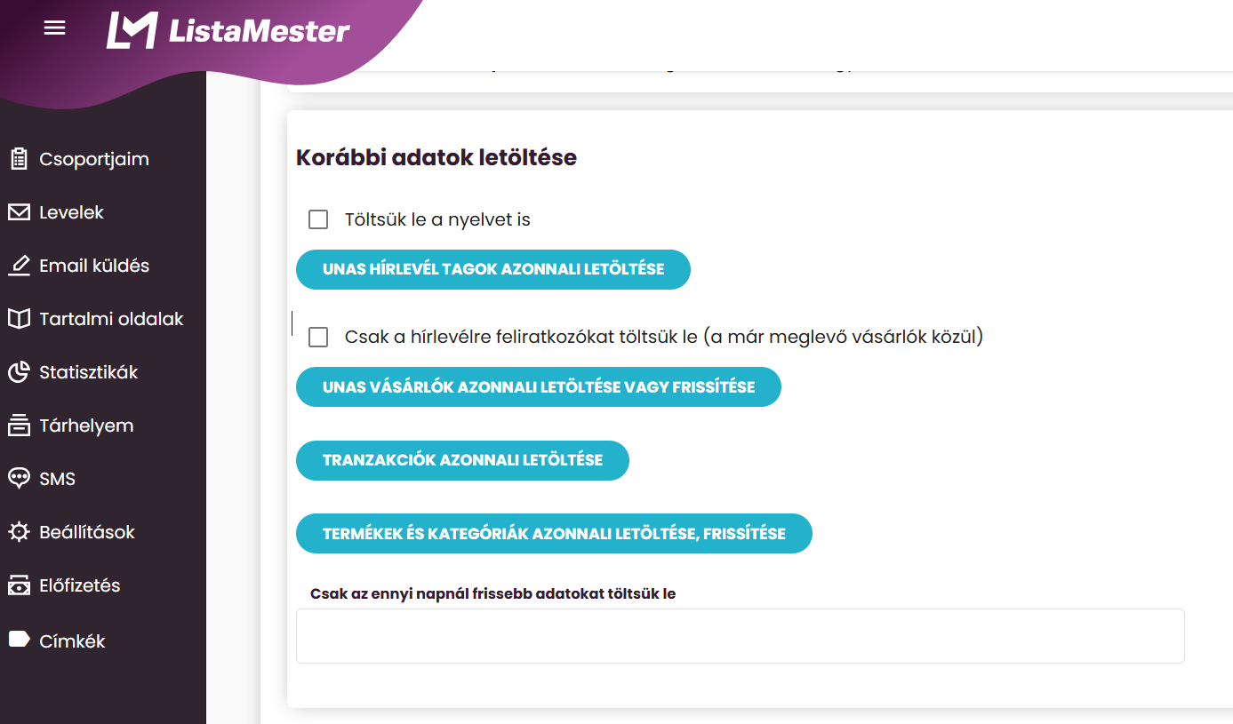 ListaMester - Útmutató - UNAS - korábbi adatok letöltése
