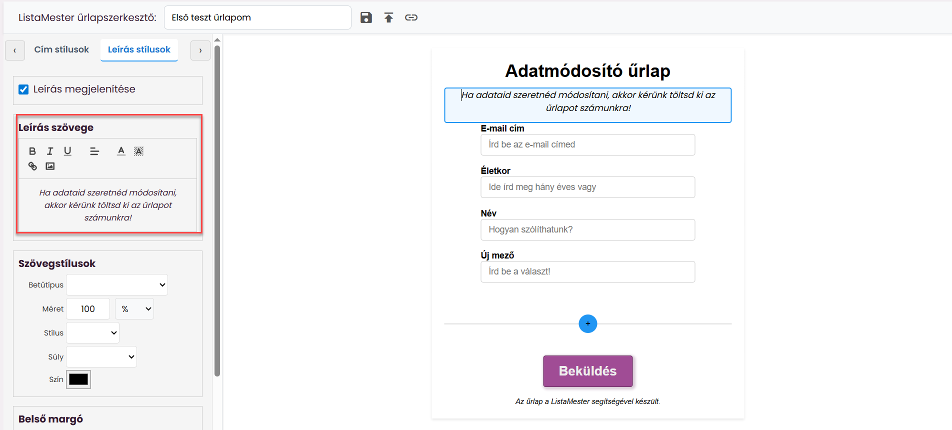 Listamester-Kézikönyv-Űrlapok - Adatmódosító űrlap - űrlapvarázsló - címek módosítása