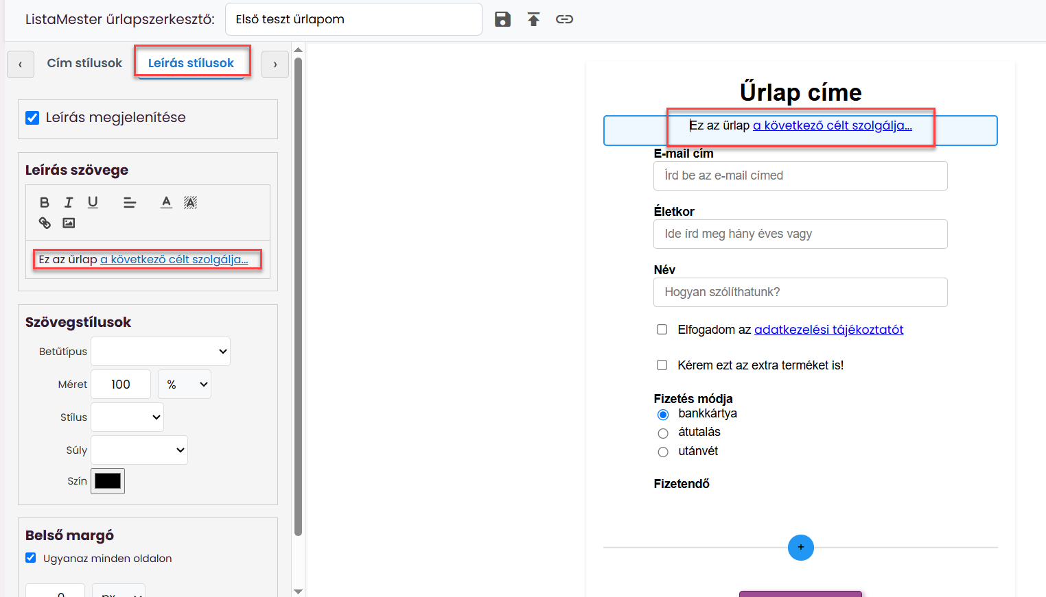 ListaMester - Útmutató - űrlap - alcím - link
