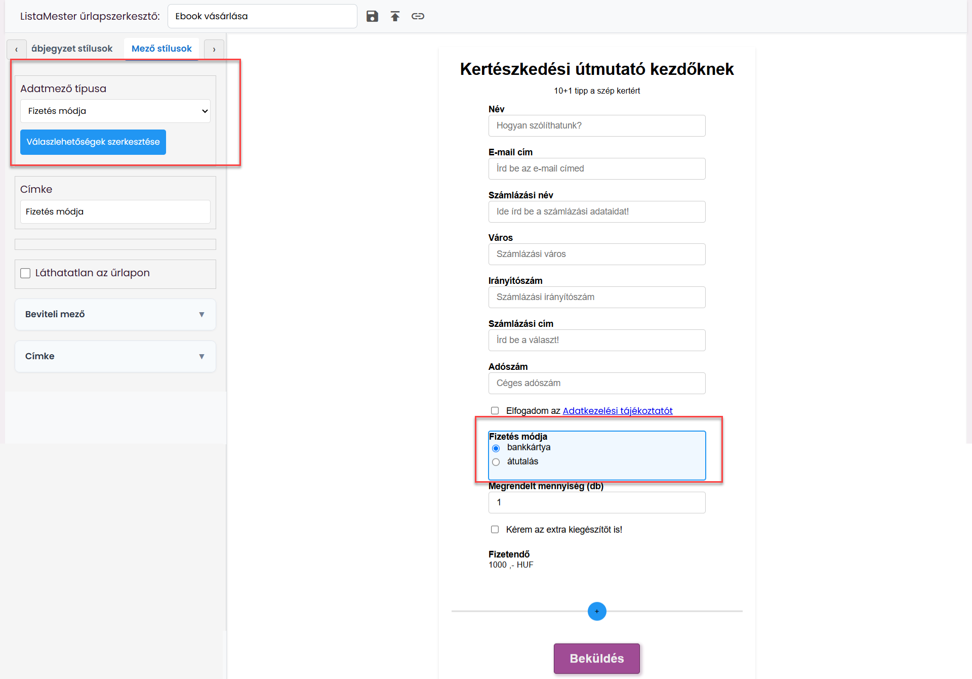 ListaMester - Útmutató - Számlázási adatmezők