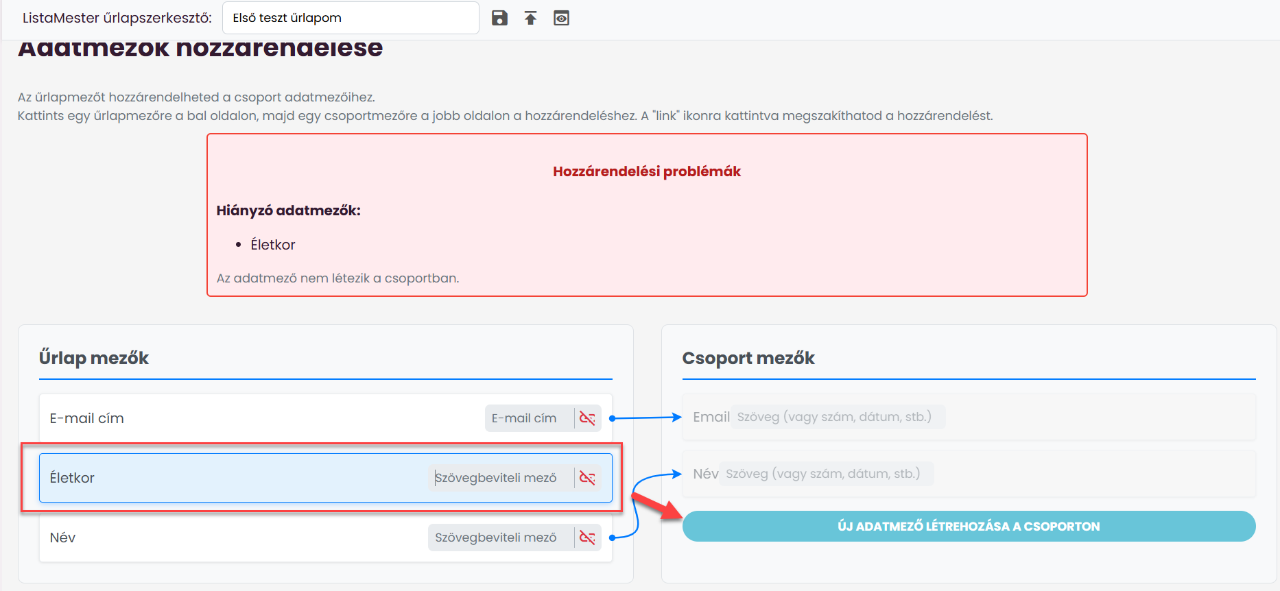 ListaMester - Útmutató - Űrlap - Összekapcsolás