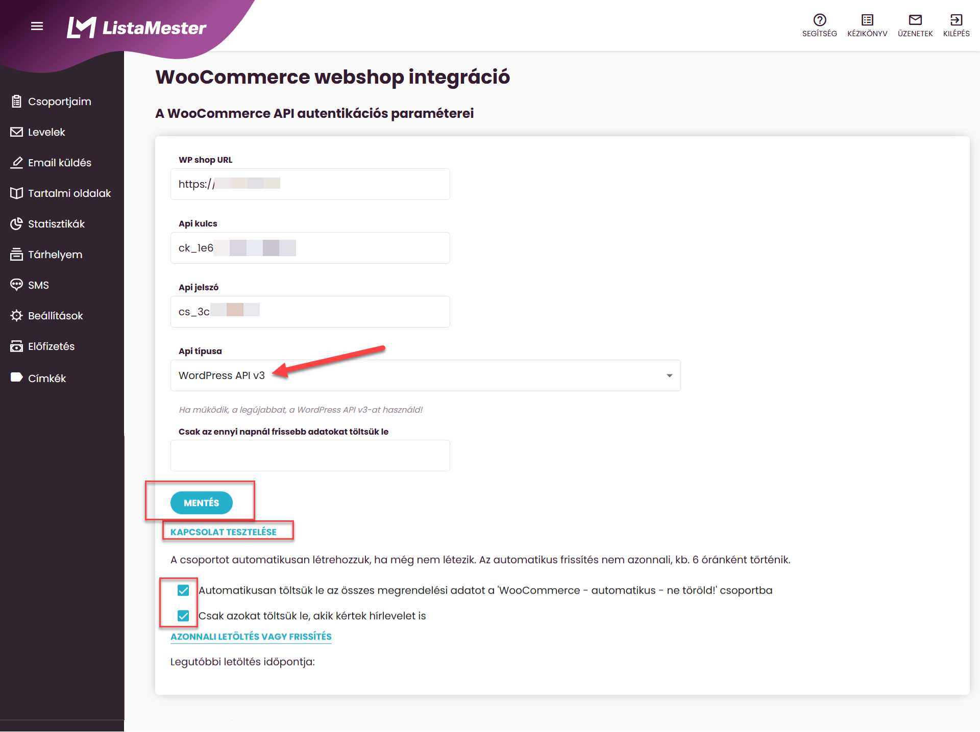 ListaMester-ben Woo webáruház API paramétereinek beírása