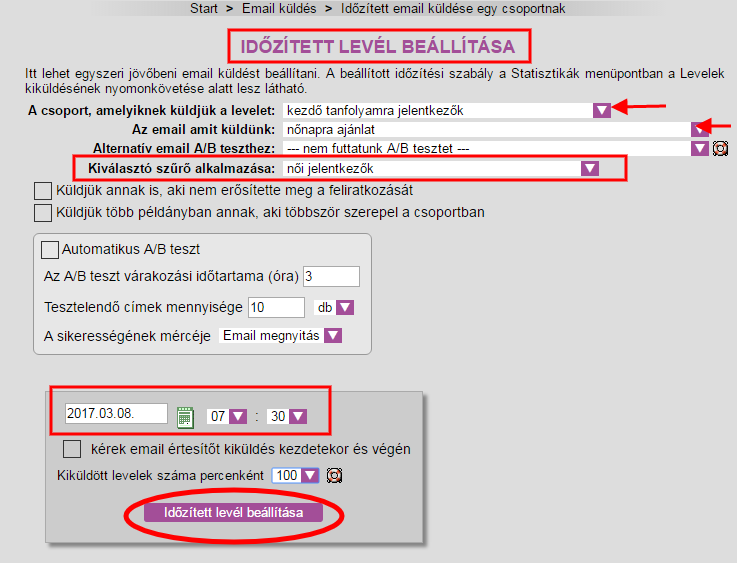 ListaMesterben időzített levél beállítása szűrővel - női jelentkezőknek küldjük csak