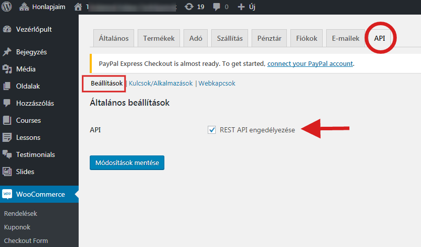REST API engedélyezése Woo webáruházban az API kapcsolat létrehozásához