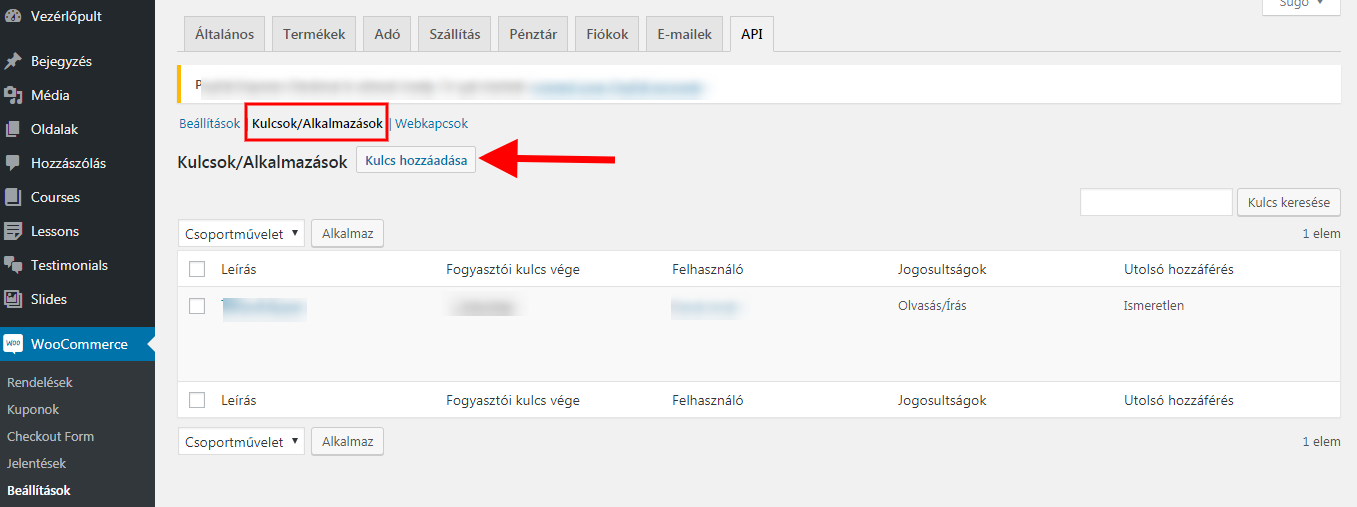 Kulcs hozzáadása Woo webáruházban az API kapcsolat létrehozásához 
