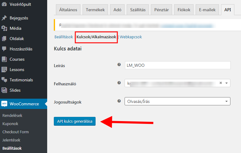 Kulcs adatai Woo webáruházban az API kulcs generálásához